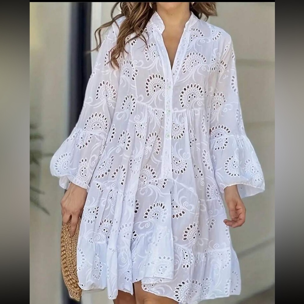 White Eyelet Cotton A Line Midi Dress Sz L|XL.